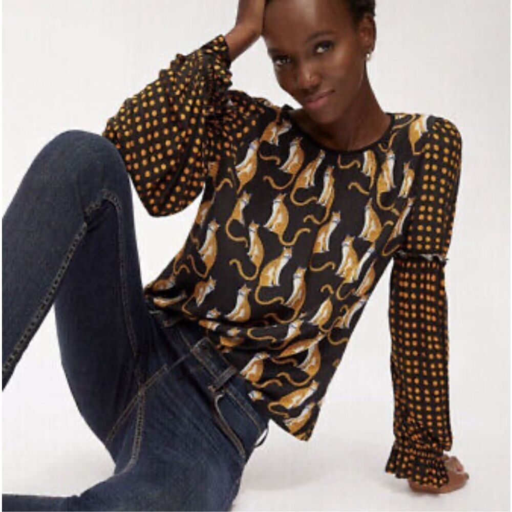 Bl^nk London Black Yellow Leopard Brienz Pullover Blouse Top XS